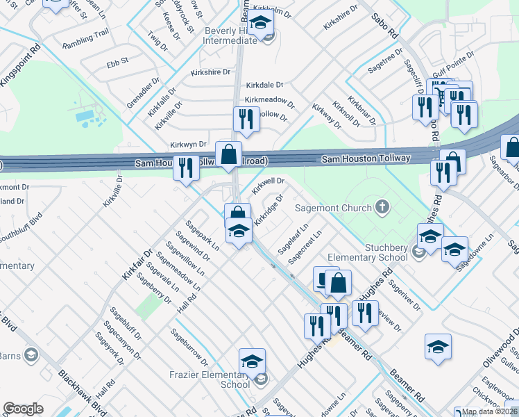 map of restaurants, bars, coffee shops, grocery stores, and more near 10914 Kirkbrush Drive in Houston