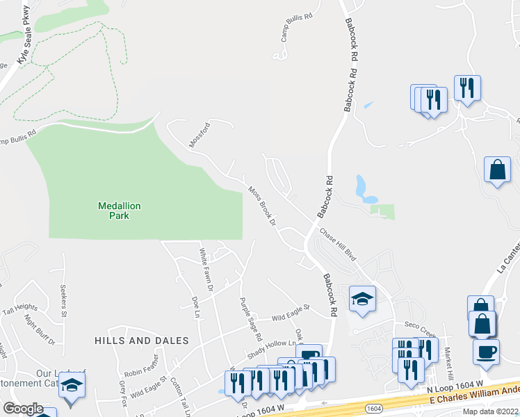 map of restaurants, bars, coffee shops, grocery stores, and more near 7430 Moss Brook Drive in San Antonio