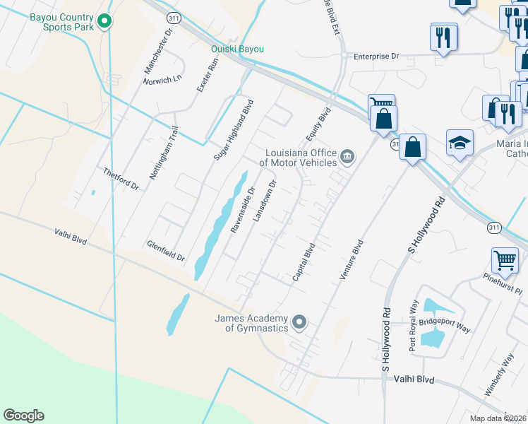 map of restaurants, bars, coffee shops, grocery stores, and more near 221 Lansdown Drive in Houma