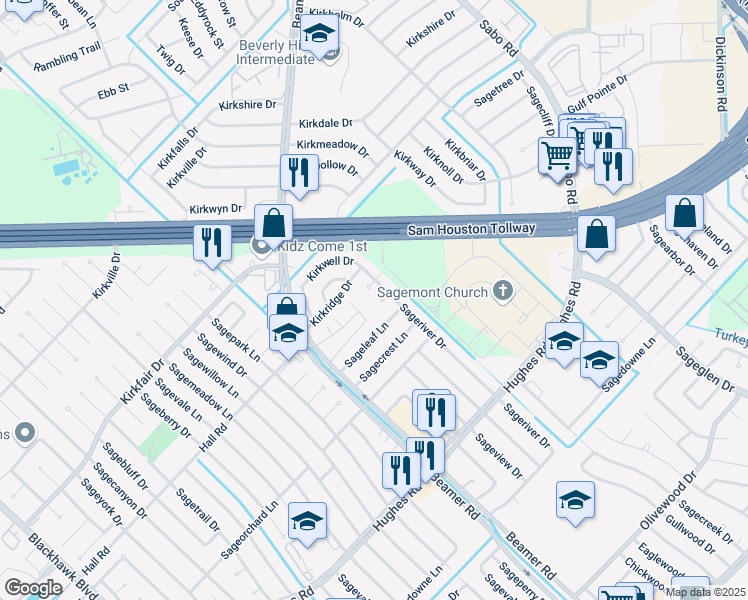 map of restaurants, bars, coffee shops, grocery stores, and more near 11106 Sageriver Court in Houston