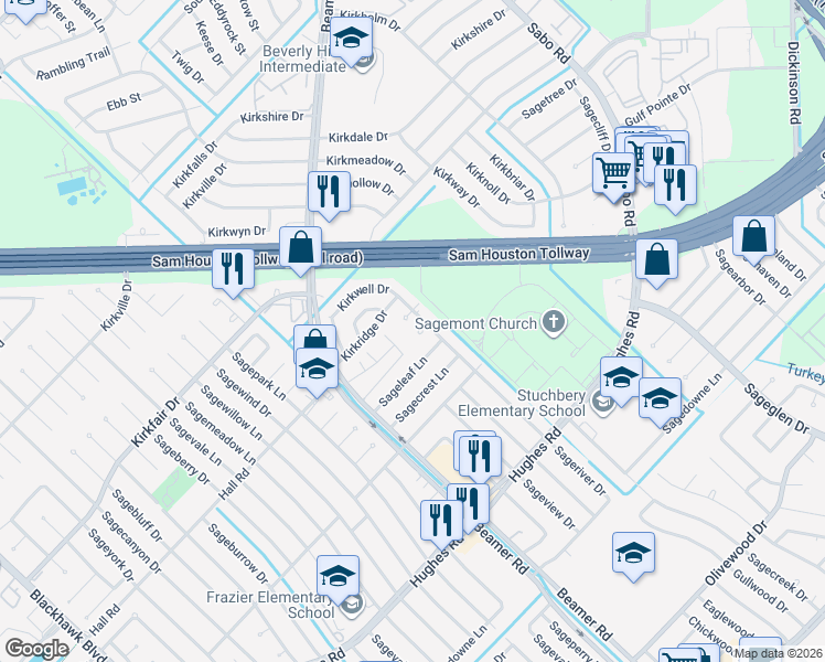 map of restaurants, bars, coffee shops, grocery stores, and more near 11106 Sageriver Court in Houston