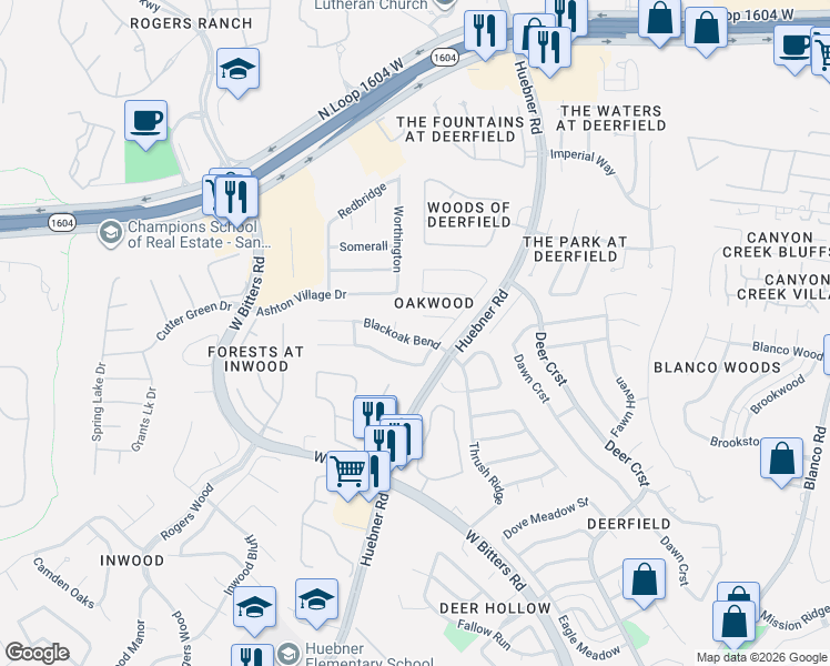 map of restaurants, bars, coffee shops, grocery stores, and more near 2222 Blackoak Bend in San Antonio