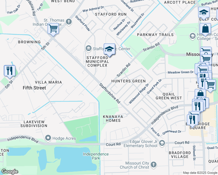 map of restaurants, bars, coffee shops, grocery stores, and more near 2040 Woodland Hills Drive in Missouri City