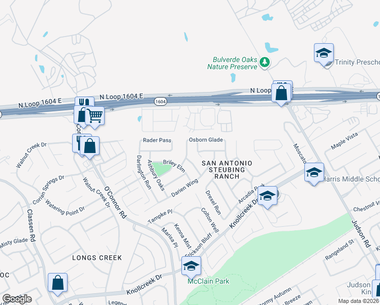 map of restaurants, bars, coffee shops, grocery stores, and more near 4703 Emden Hollow in San Antonio