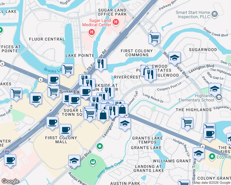 map of restaurants, bars, coffee shops, grocery stores, and more near 1700 Rivercrest Drive in Sugar Land