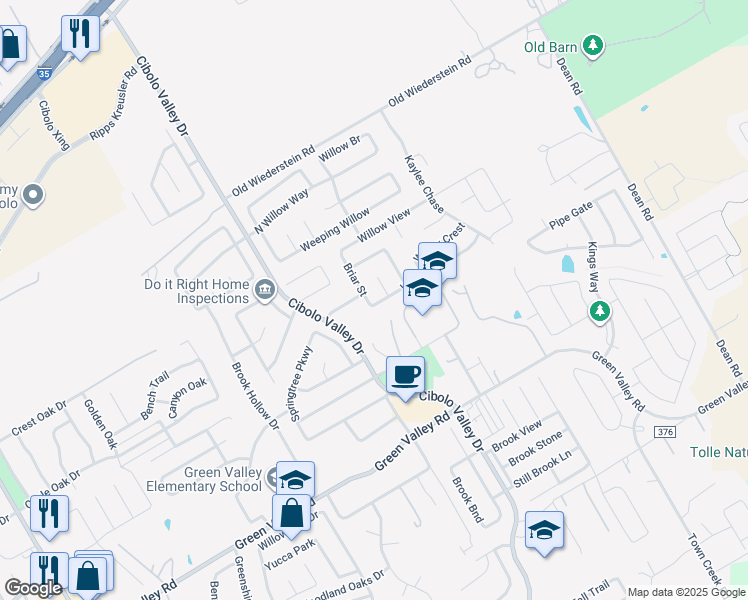 map of restaurants, bars, coffee shops, grocery stores, and more near 161 Briar Street in Cibolo