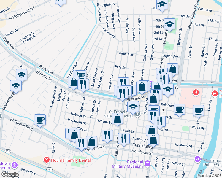 map of restaurants, bars, coffee shops, grocery stores, and more near 7591 West Park Avenue in Houma