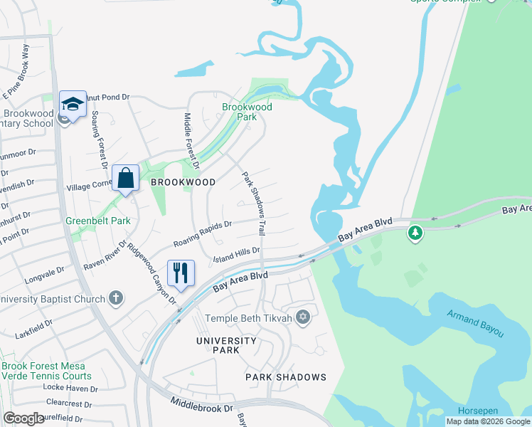 map of restaurants, bars, coffee shops, grocery stores, and more near 4234 Roaring Rapids Drive in Houston