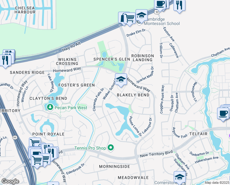 map of restaurants, bars, coffee shops, grocery stores, and more near 658 Clarenda Falls Drive in Sugar Land