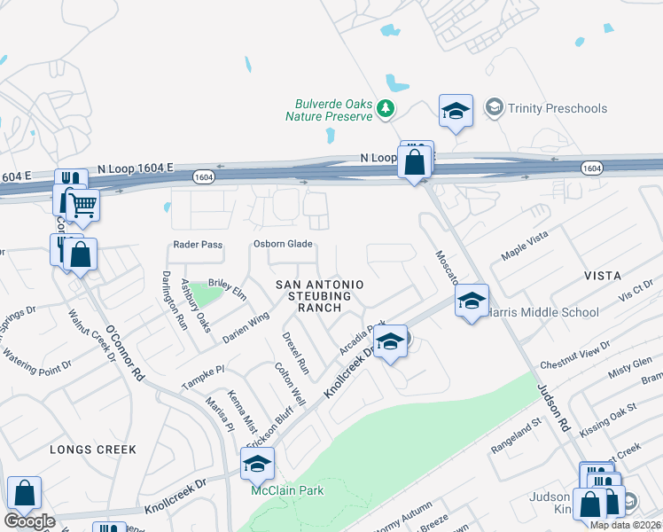 map of restaurants, bars, coffee shops, grocery stores, and more near 17206 Eldon Rock in San Antonio