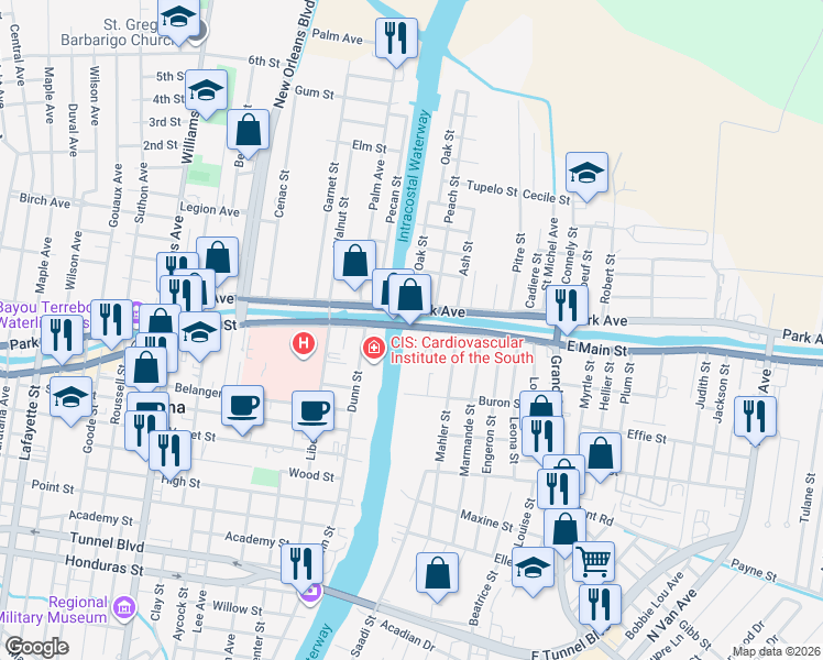 map of restaurants, bars, coffee shops, grocery stores, and more near 7887 East Main Street in Houma