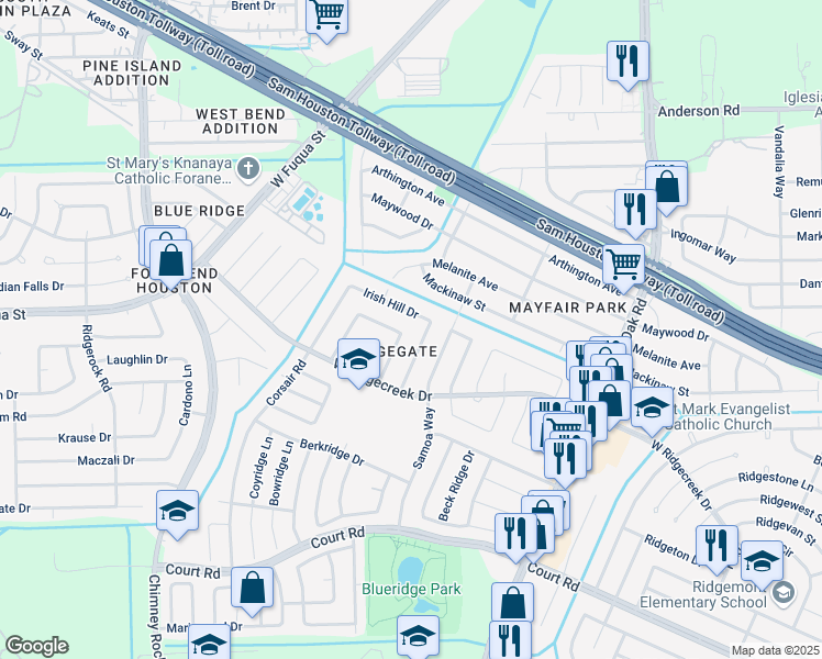 map of restaurants, bars, coffee shops, grocery stores, and more near 15723 Munson Lane in Houston
