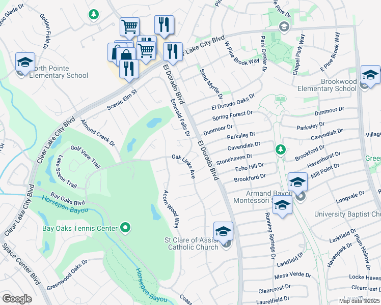 map of restaurants, bars, coffee shops, grocery stores, and more near 3503 Emerald Falls Court in Houston