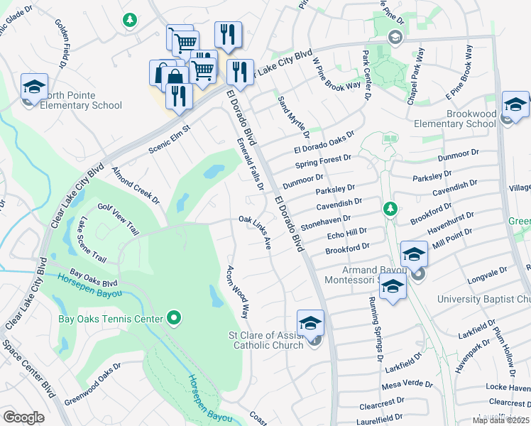 map of restaurants, bars, coffee shops, grocery stores, and more near 3503 Emerald Falls Court in Houston