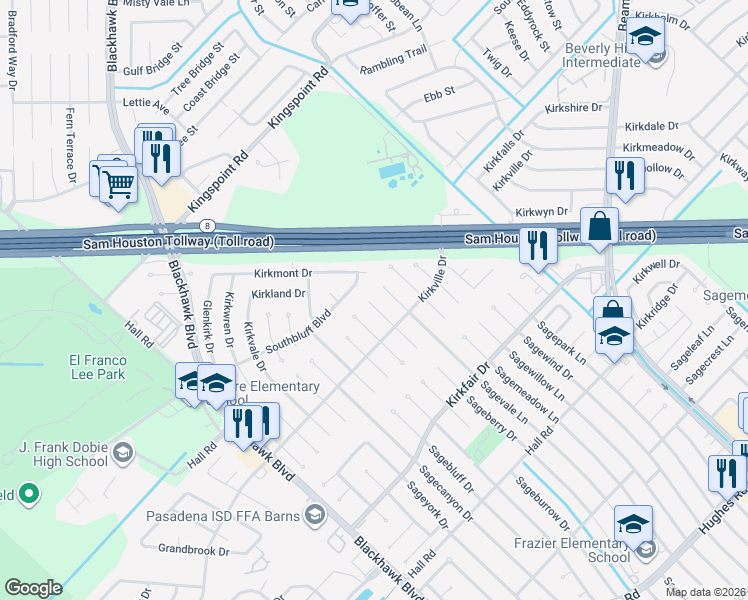 map of restaurants, bars, coffee shops, grocery stores, and more near 10327 Sageberry Drive in Houston