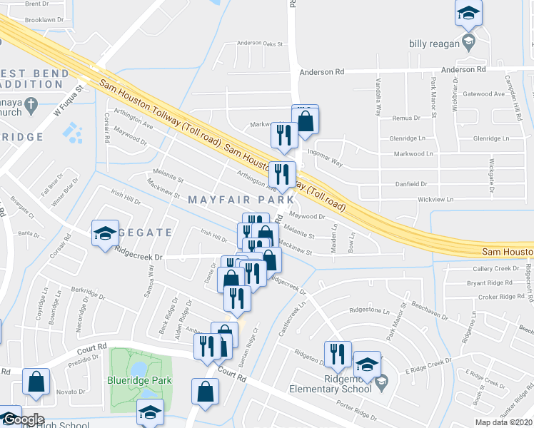 map of restaurants, bars, coffee shops, grocery stores, and more near 5501 Melanite Street in Houston