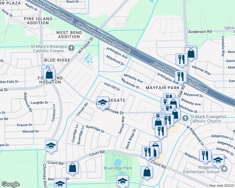 map of restaurants, bars, coffee shops, grocery stores, and more near 15723 Munson Lane in Houston