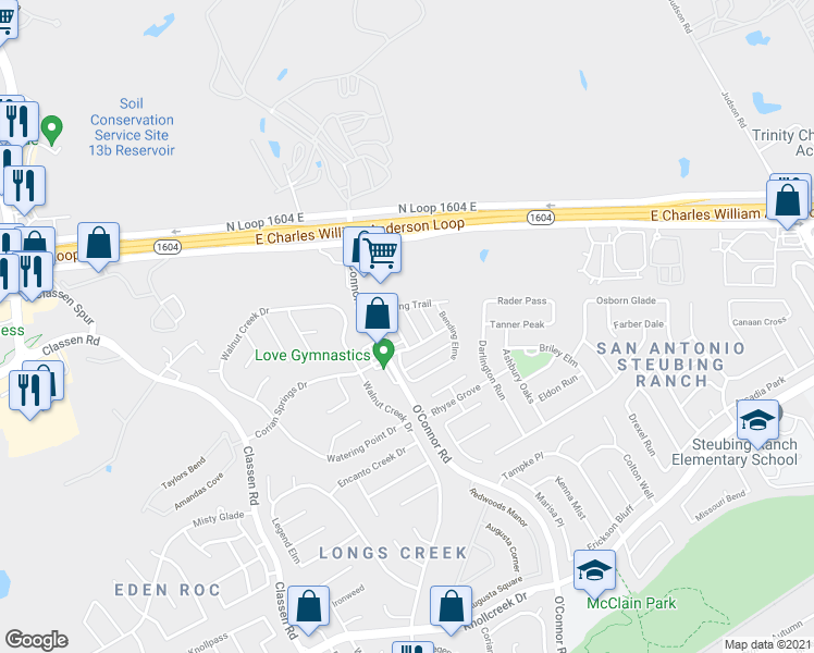 map of restaurants, bars, coffee shops, grocery stores, and more near 16114 Branching Oaks in San Antonio