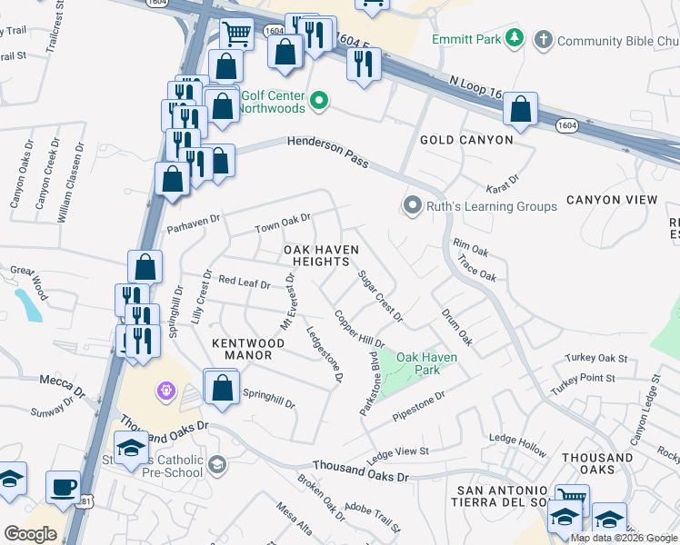 map of restaurants, bars, coffee shops, grocery stores, and more near 17017 Kleir Oak in San Antonio