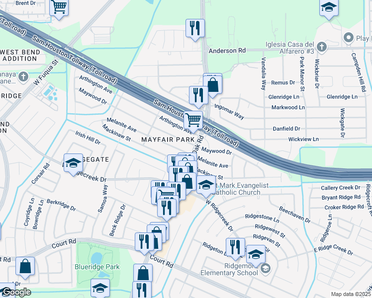 map of restaurants, bars, coffee shops, grocery stores, and more near 5501 Melanite Street in Houston