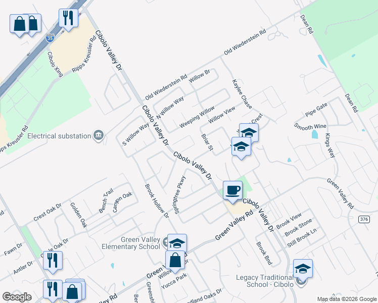 map of restaurants, bars, coffee shops, grocery stores, and more near 201 Springtree Lane in Cibolo