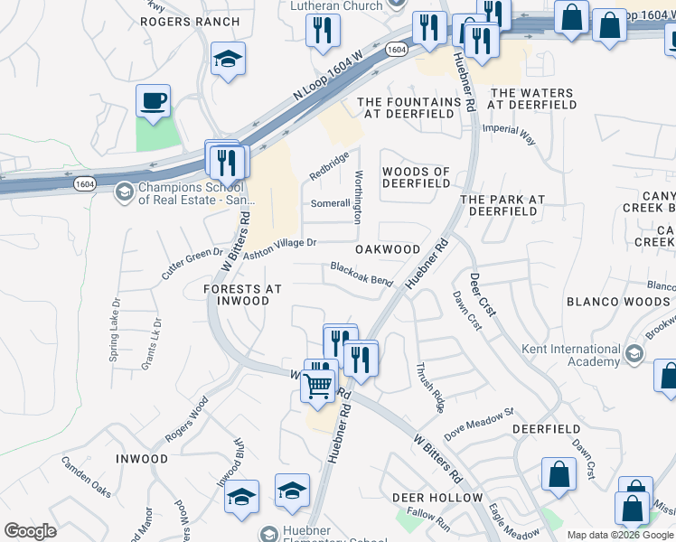 map of restaurants, bars, coffee shops, grocery stores, and more near 2247 Buroak Ridge in San Antonio