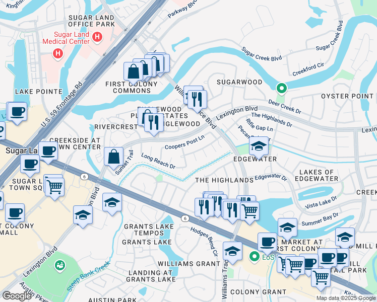 map of restaurants, bars, coffee shops, grocery stores, and more near 1902 Strawfield Drive in Sugar Land