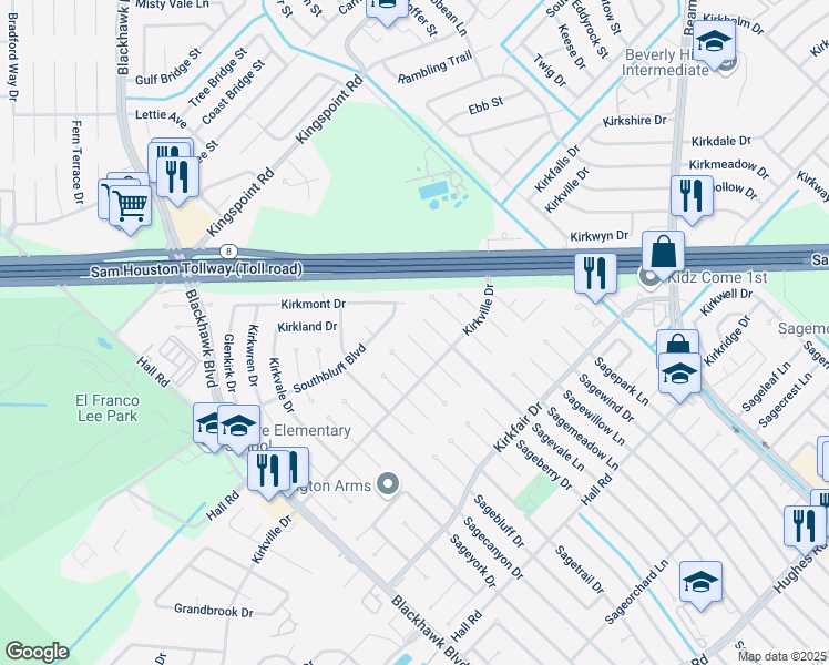 map of restaurants, bars, coffee shops, grocery stores, and more near 10327 Sageberry Drive in Houston