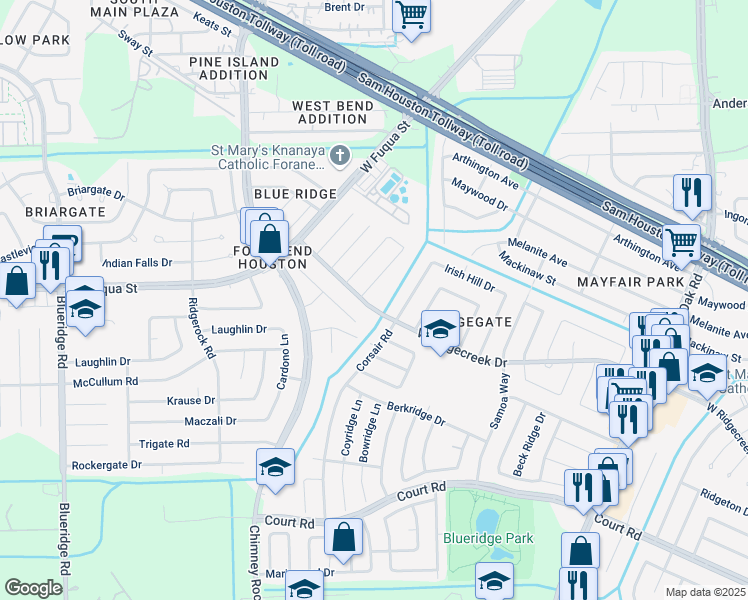 map of restaurants, bars, coffee shops, grocery stores, and more near 15751 Briargate Court in Missouri City
