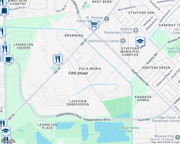 map of restaurants, bars, coffee shops, grocery stores, and more near 2823 Lelia Street in Stafford