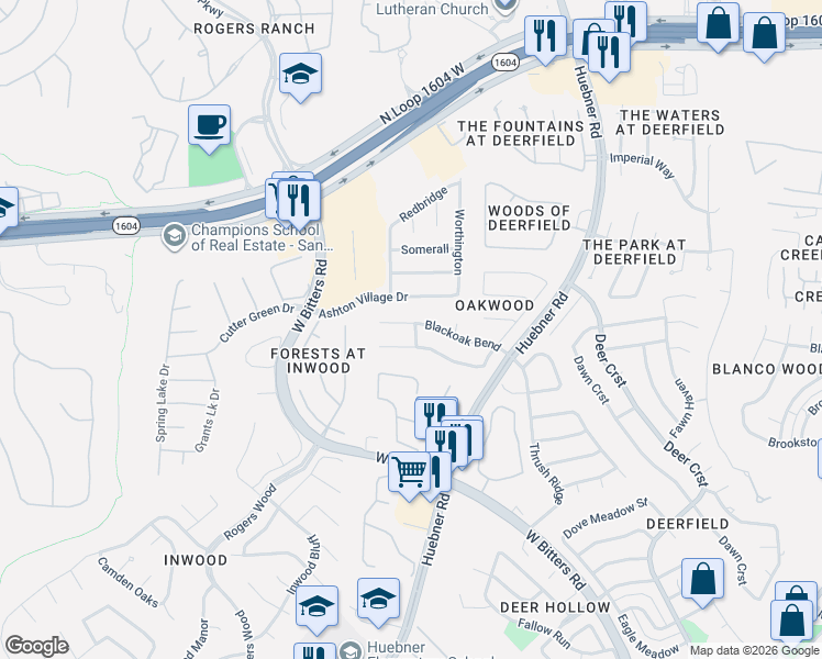 map of restaurants, bars, coffee shops, grocery stores, and more near 2247 Buroak Ridge in San Antonio