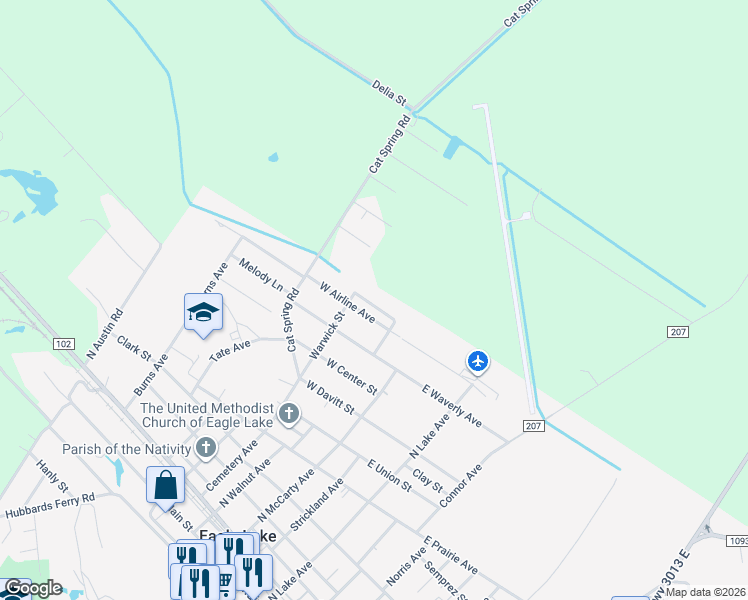 map of restaurants, bars, coffee shops, grocery stores, and more near 202 Hunters Lane in Eagle Lake
