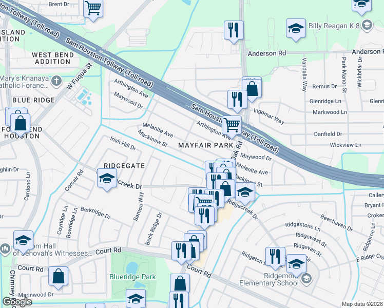 map of restaurants, bars, coffee shops, grocery stores, and more near 5613 Mackinaw Street in Houston