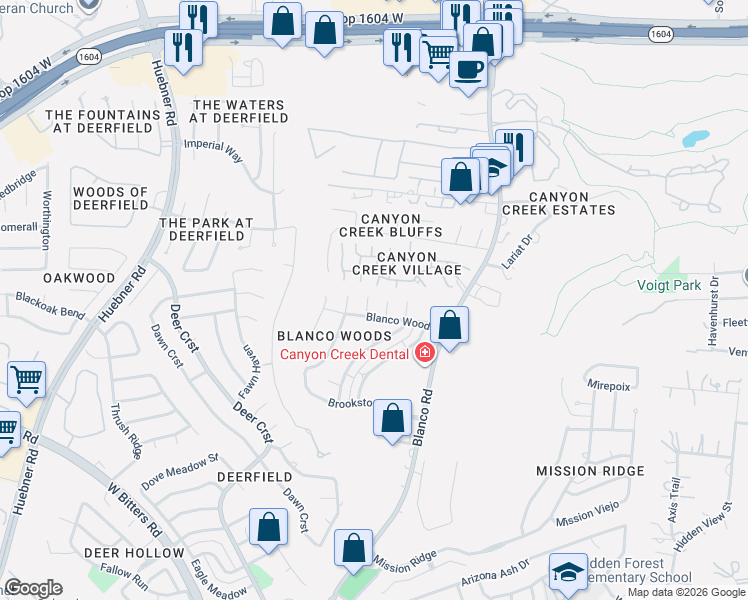 map of restaurants, bars, coffee shops, grocery stores, and more near 17003 Wood Moss in San Antonio