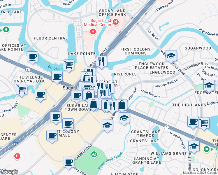 map of restaurants, bars, coffee shops, grocery stores, and more near 2329 Highway 6 in Sugar Land