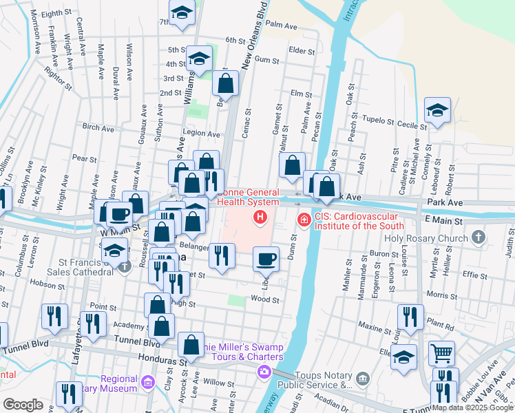 map of restaurants, bars, coffee shops, grocery stores, and more near 8166 Main Street in Houma