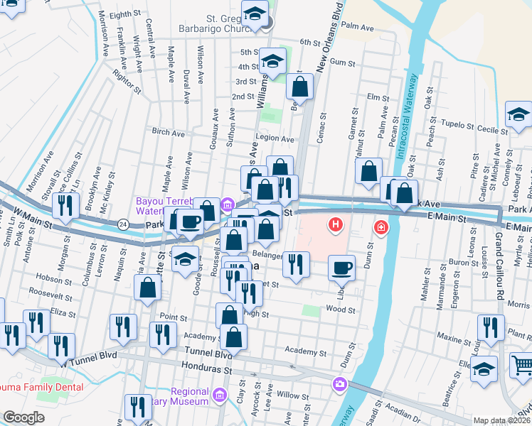 map of restaurants, bars, coffee shops, grocery stores, and more near 8000 West Main Street in Houma