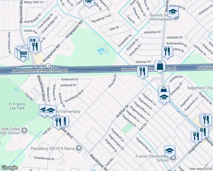 map of restaurants, bars, coffee shops, grocery stores, and more near 10406 Sagemeadow Lane in Houston