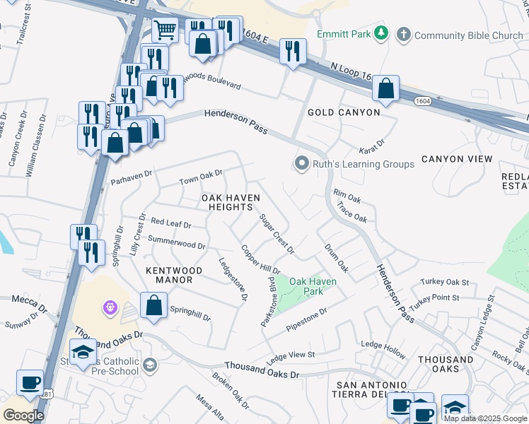 map of restaurants, bars, coffee shops, grocery stores, and more near 17017 Kleir Oak in San Antonio