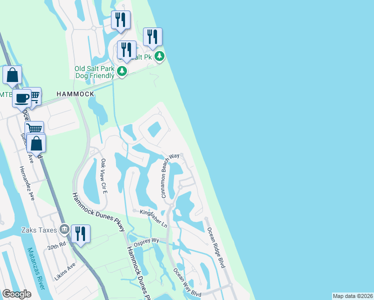 map of restaurants, bars, coffee shops, grocery stores, and more near 600 Cinnamon Beach Way in Palm Coast