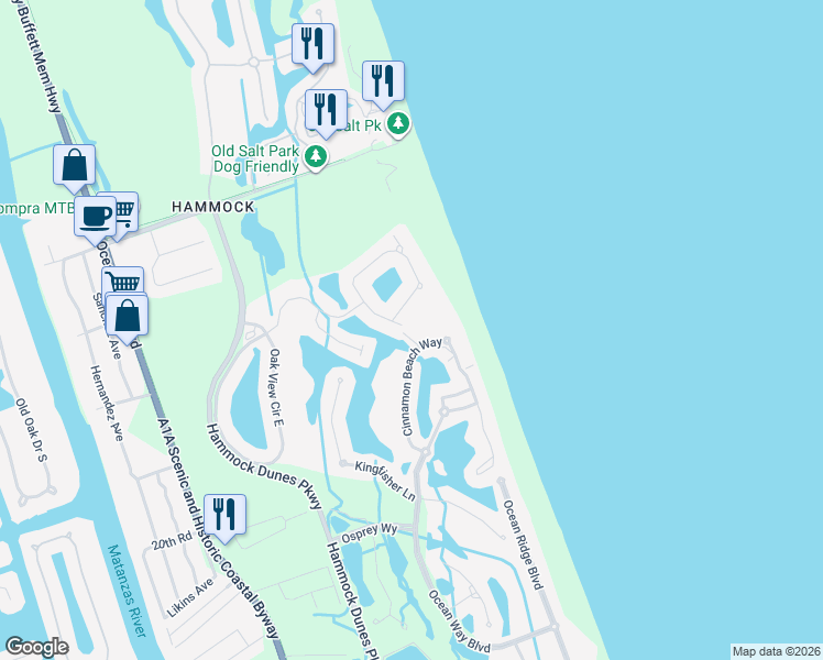 map of restaurants, bars, coffee shops, grocery stores, and more near 57 Cinnamon Beach Way in Palm Coast