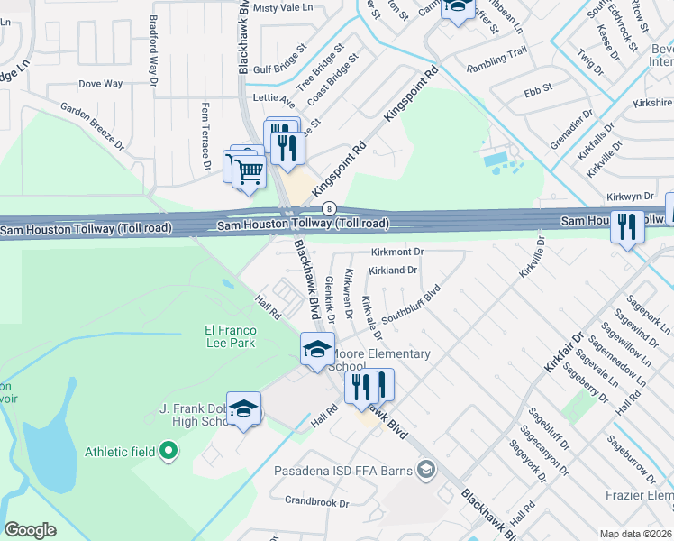 map of restaurants, bars, coffee shops, grocery stores, and more near 10003 Glenkirk Drive in Houston
