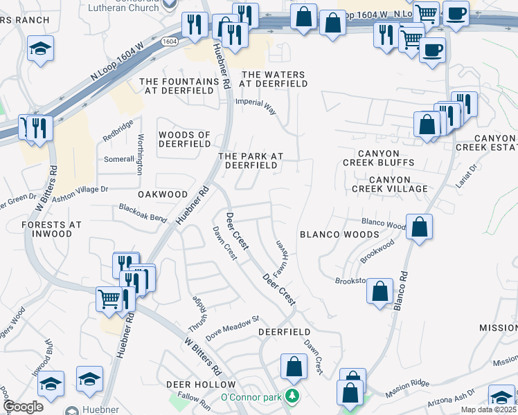 map of restaurants, bars, coffee shops, grocery stores, and more near 16230 Robinwood Lane in San Antonio