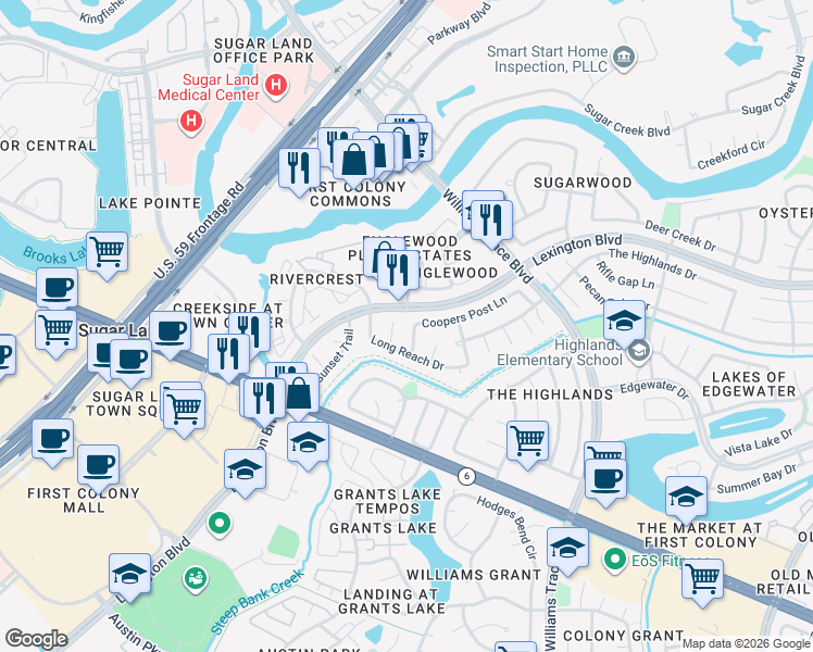 map of restaurants, bars, coffee shops, grocery stores, and more near 2519 Coopers Post Lane in Sugar Land