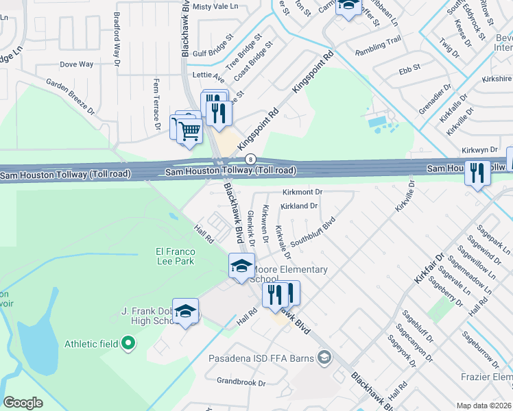 map of restaurants, bars, coffee shops, grocery stores, and more near 10003 Glenkirk Drive in Houston