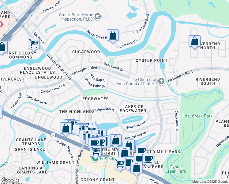 map of restaurants, bars, coffee shops, grocery stores, and more near 2015 Ryan's Run Court in Sugar Land