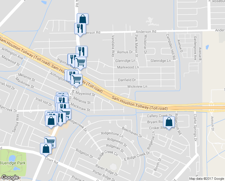 map of restaurants, bars, coffee shops, grocery stores, and more near 15532 Vandalia Way in Houston