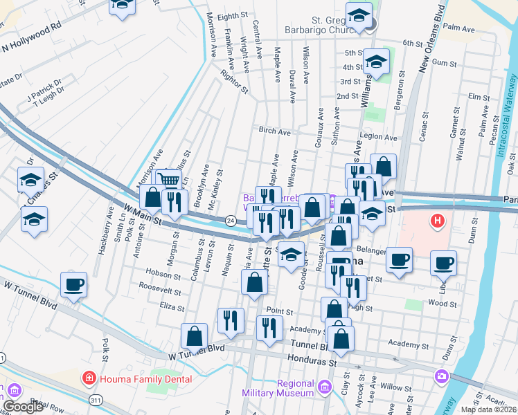 map of restaurants, bars, coffee shops, grocery stores, and more near 2-106 Park Ave in Houma