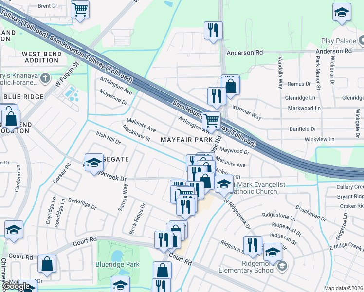 map of restaurants, bars, coffee shops, grocery stores, and more near 5613 Mackinaw Street in Houston