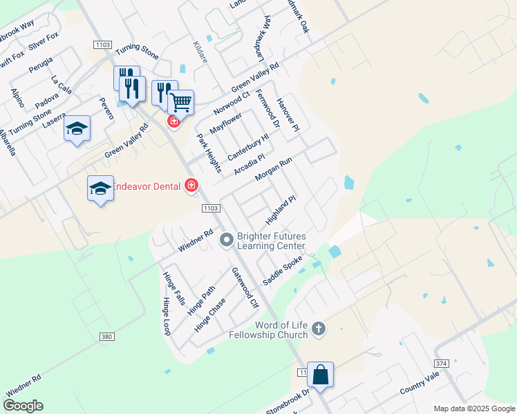 map of restaurants, bars, coffee shops, grocery stores, and more near 232 Highland Place in Cibolo